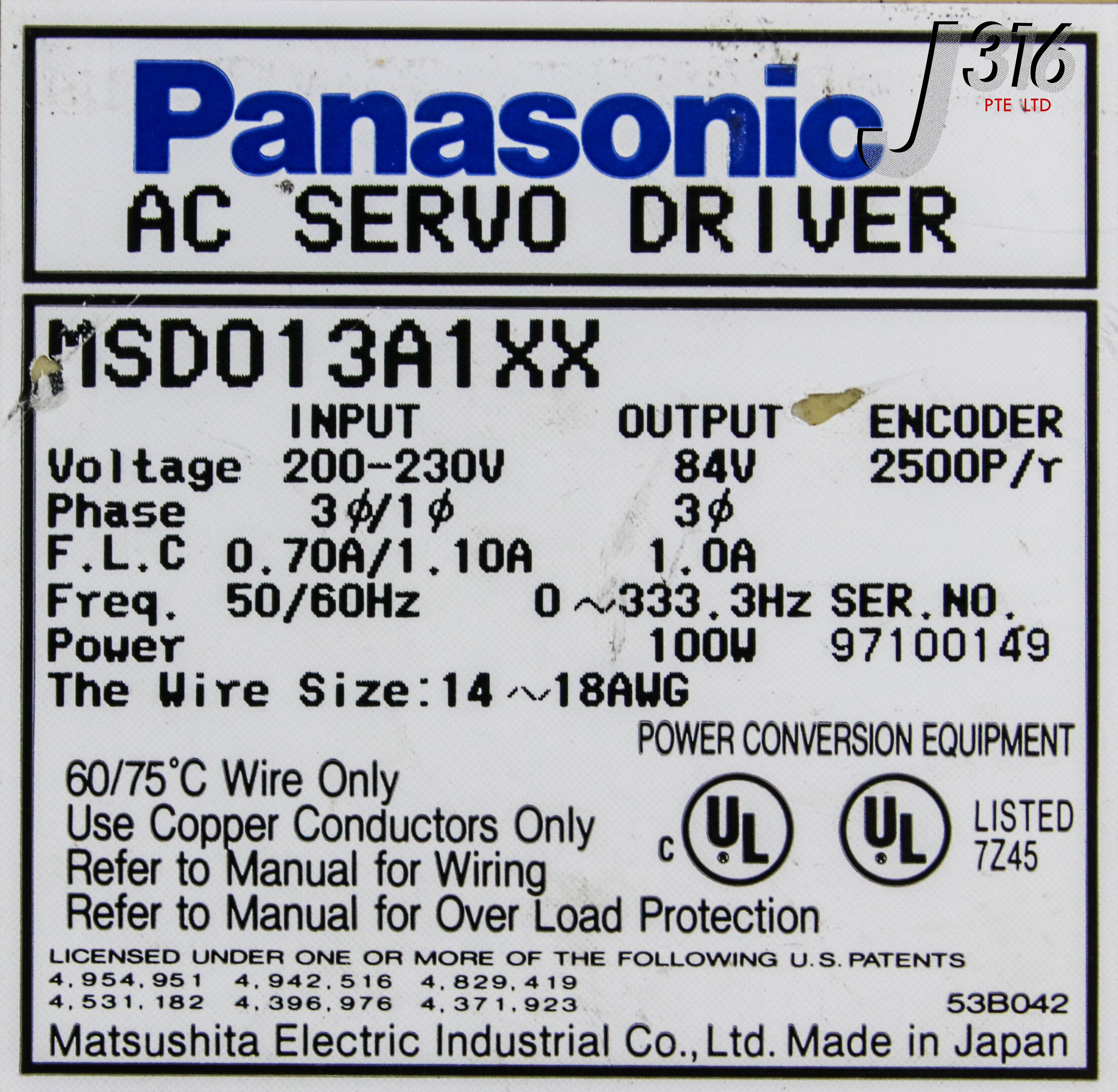 15138 PANASONIC AC SERVO DRIVER W/O FRONT COVER MSD013A1XX | eBay